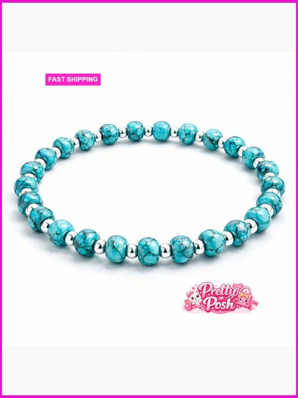 925 Sterling Silver Genuine Turquoise Bead Stretch Charm Bracelet